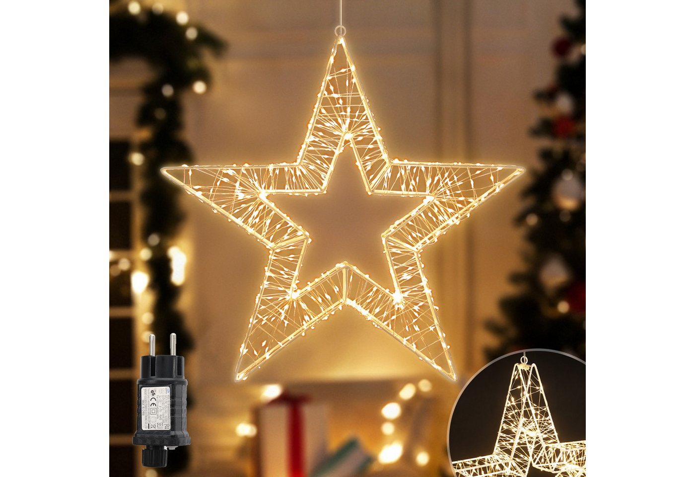 Salcar LED-Lichterkette Lichtkranz LED 3D-Dekokranz Weihnachtskranz Hängekranz Innen & Außen, Ø35cm 400LED/ 8 Modi/ Timer & Memory Stern Lichterkreis Warmweiß Bild 3