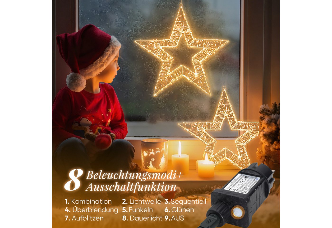 Salcar LED-Lichterkette Lichtkranz LED 3D-Dekokranz Weihnachtskranz Hängekranz Innen & Außen, Ø35cm 400LED/ 8 Modi/ Timer & Memory Stern Lichterkreis Warmweiß Bild 5