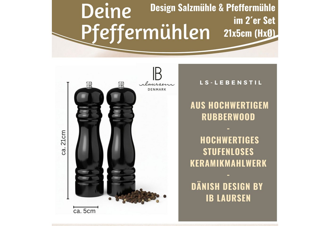 LS-LebenStil Salz-/Pfeffermühle iB Laursen Holz Salzmühle & Pfeffermühle Set Schwarz 21x5cm Keramikmah manuell, (2 Stück)