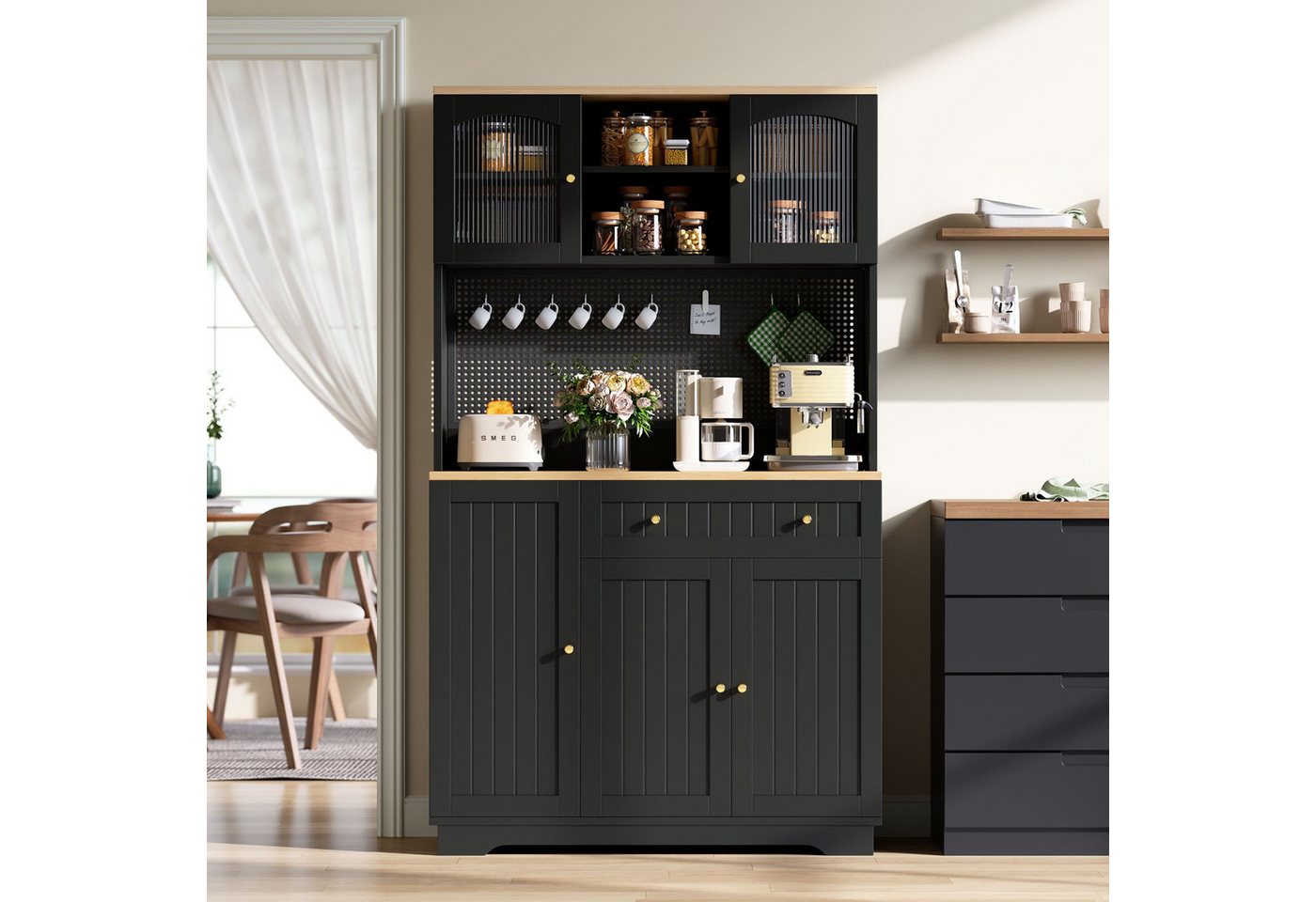 Merax Küchenbuffet Küchenschrank mit Vitrinentüren (1-St., Hochschrank Buffetschrank mit Schublade) mit verstellbaren Einlegeböden, Vorratsschrank mit Lochblech