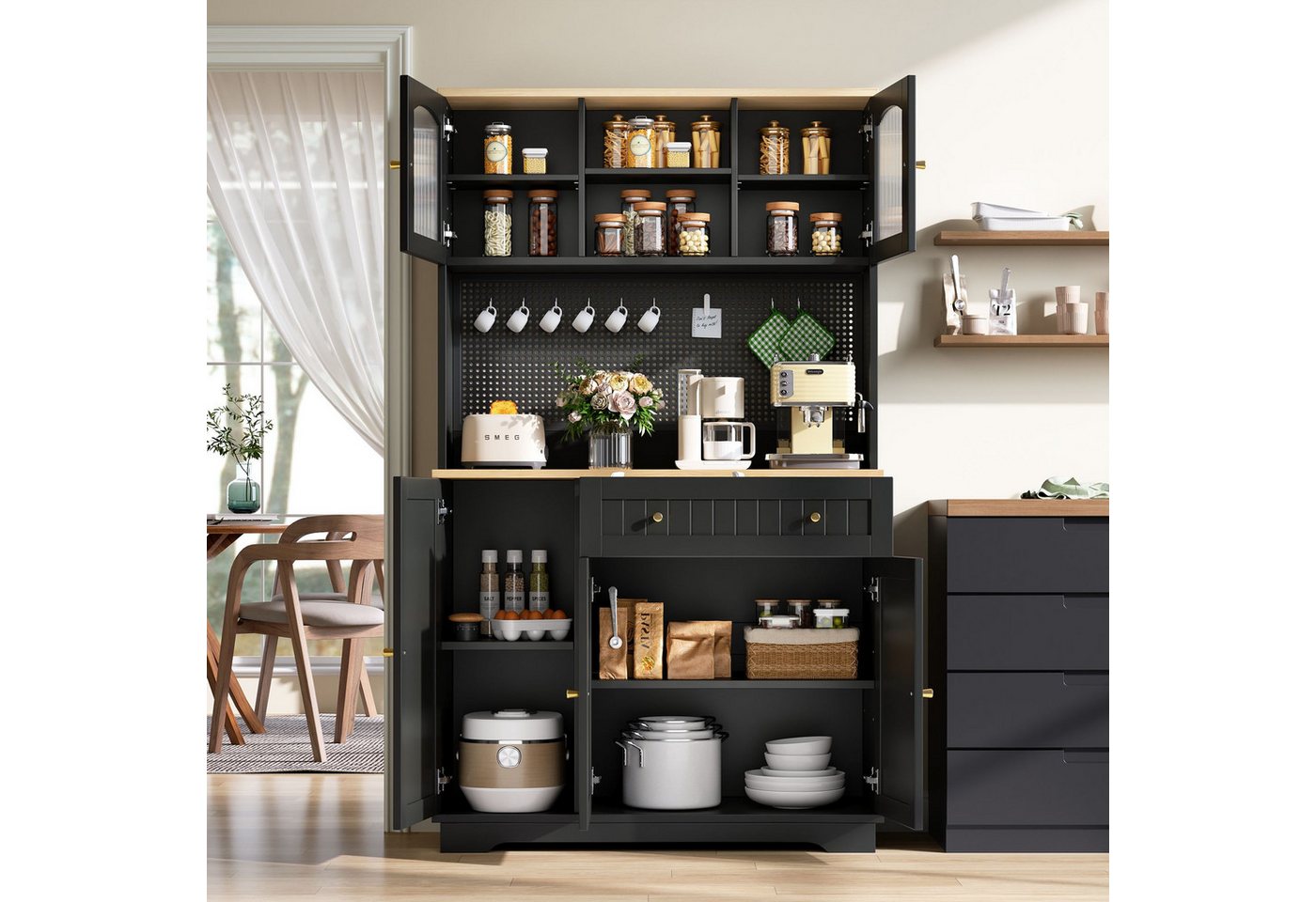 Merax Küchenbuffet Küchenschrank mit Vitrinentüren (1-St., Hochschrank Buffetschrank mit Schublade) mit verstellbaren Einlegeböden, Vorratsschrank mit Lochblech Bild 2