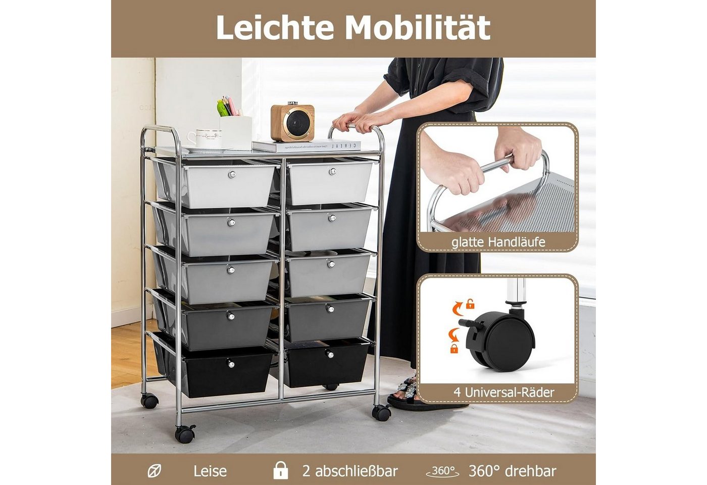 KOMFOTTEU Schuhregal Rollcontainer, mit 10 Schubladen stapelbar, 65,5 x 37 x 87 cm