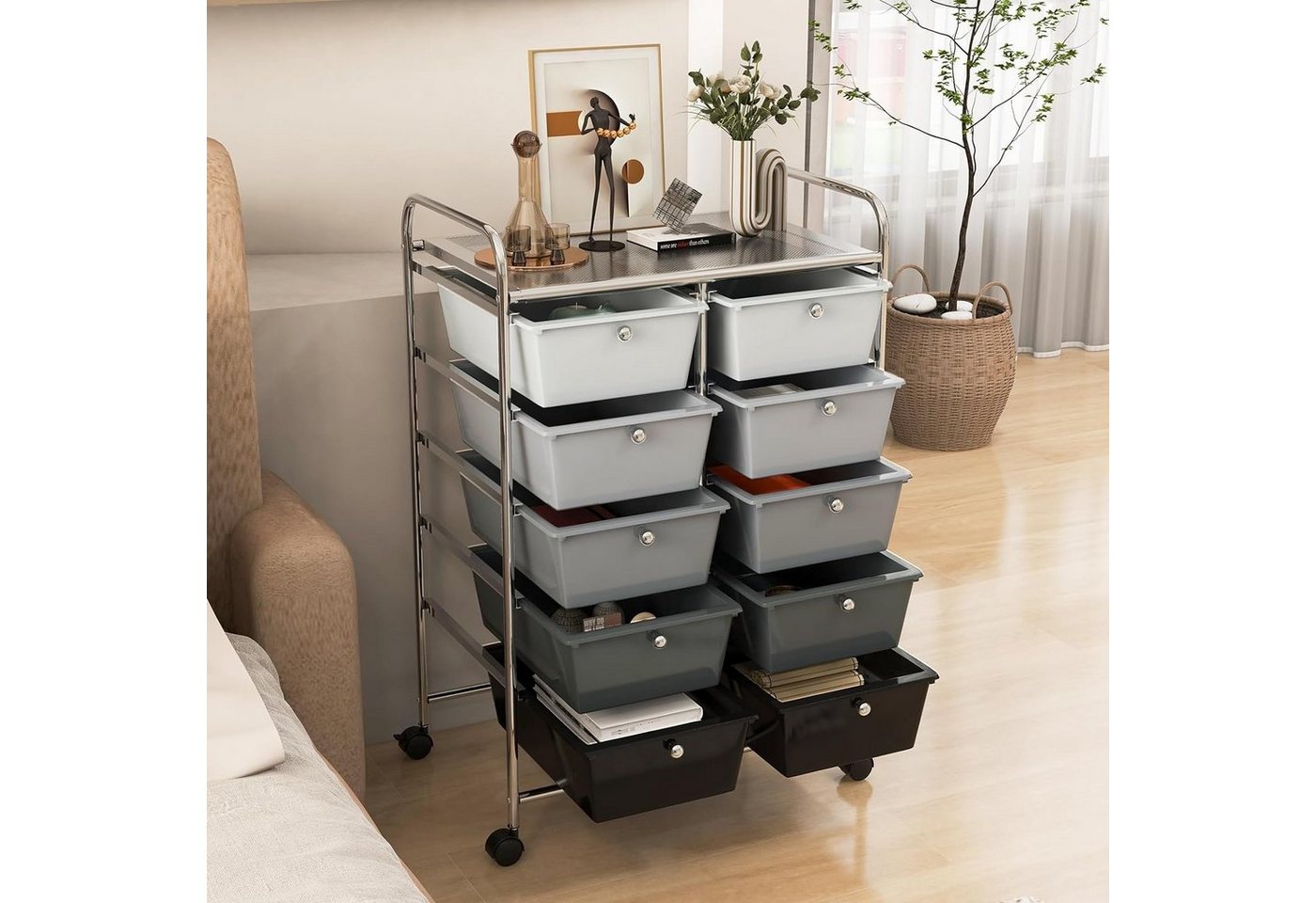 KOMFOTTEU Schuhregal Rollcontainer, mit 10 Schubladen stapelbar, 65,5 x 37 x 87 cm Bild 2