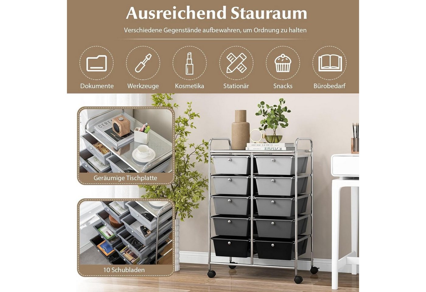 KOMFOTTEU Schuhregal Rollcontainer, mit 10 Schubladen stapelbar, 65,5 x 37 x 87 cm Bild 3