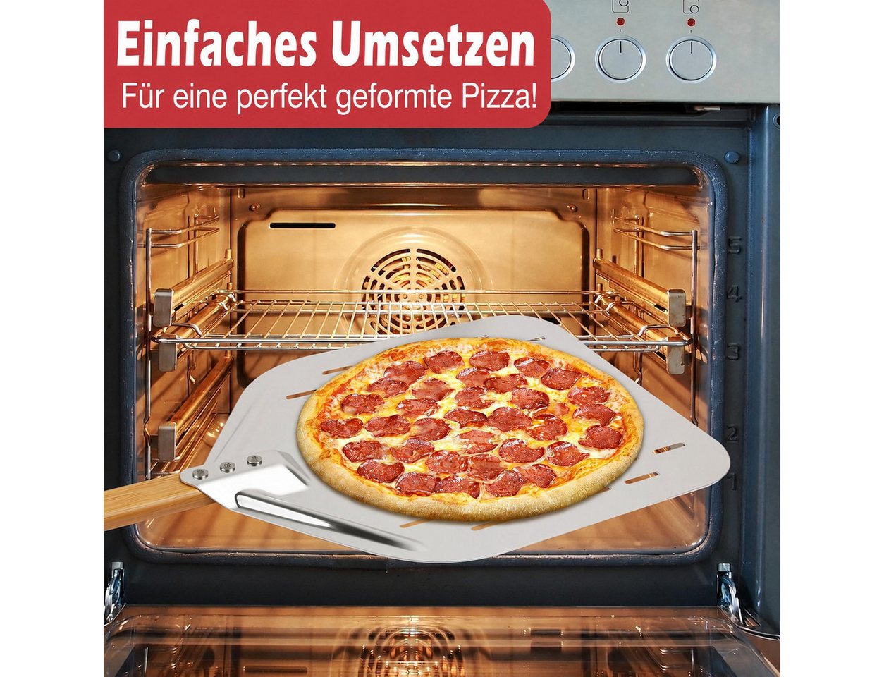 AIMAX Pizzaschieber Pizzaschaufel Edelstahl mit Holzgriff, perforiert, Für Pizzaofen, Backofen und Pizzastein, 39,5 x 30 cm