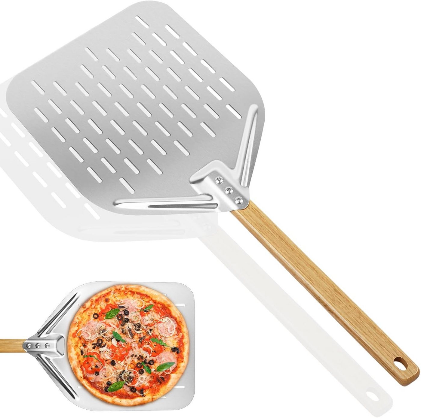 AIMAX Pizzaschieber Pizzaschaufel Edelstahl mit Holzgriff, perforiert, Für Pizzaofen, Backofen und Pizzastein, 39,5 x 30 cm Bild 3