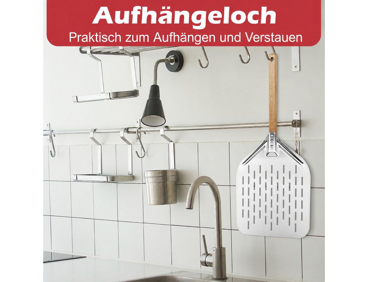 AIMAX Pizzaschieber Pizzaschaufel Edelstahl mit Holzgriff, perforiert, Für Pizzaofen, Backofen und Pizzastein, 39,5 x 30 cm Bild 4