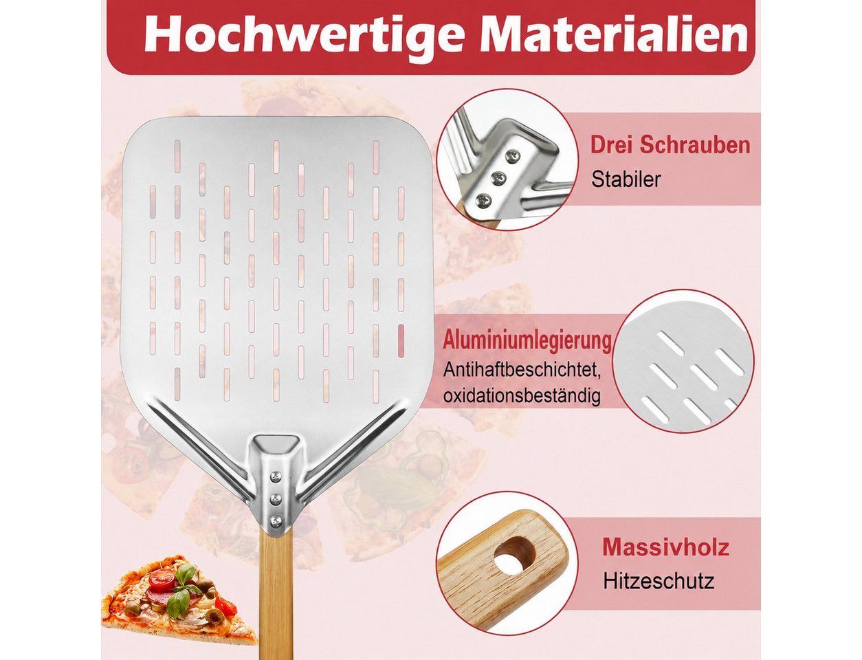 AIMAX Pizzaschieber Pizzaschaufel Edelstahl mit Holzgriff, perforiert, Für Pizzaofen, Backofen und Pizzastein, 39,5 x 30 cm Bild 5