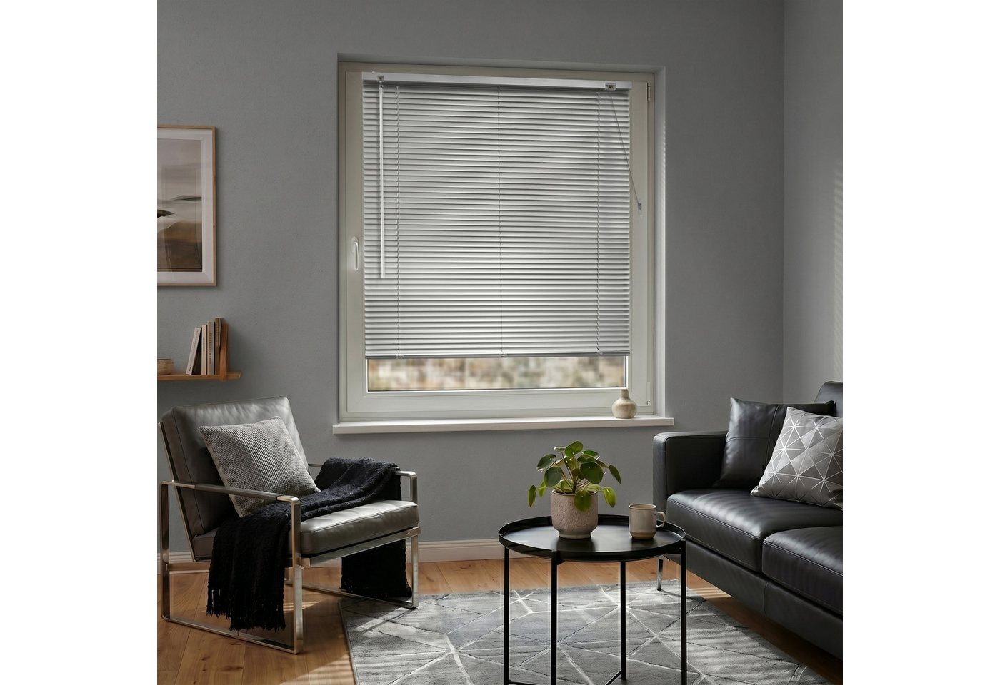Victoria M. Jalousie Alu Jalousie 45 x 130 cm silber glänzend 25mm ohne u. mit Bohren, ohne Bohren, freihängend, Blendschutz mit und ohne Bohren, inkl. Klemmclips