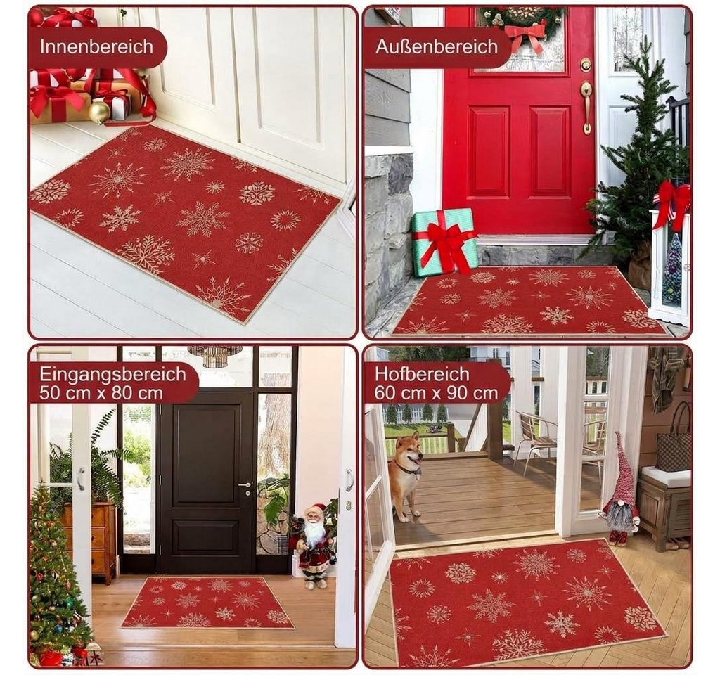 GarveeMore Fußmatte Weihnachten Fußmatte 40x60cm rot mit Schneeflocken, rutschfest, waschbar, Innen & Außen Weihnachtsdekoration, rote Eingangsmatte