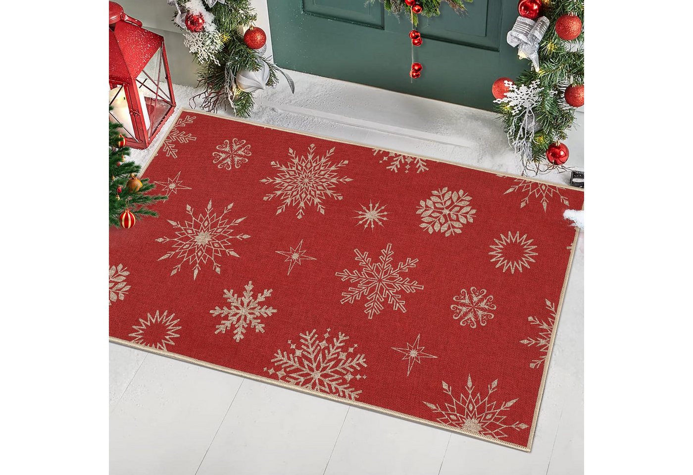 GarveeMore Fußmatte Weihnachten Fußmatte 40x60cm rot mit Schneeflocken, rutschfest, waschbar, Innen & Außen Weihnachtsdekoration, rote Eingangsmatte Bild 2