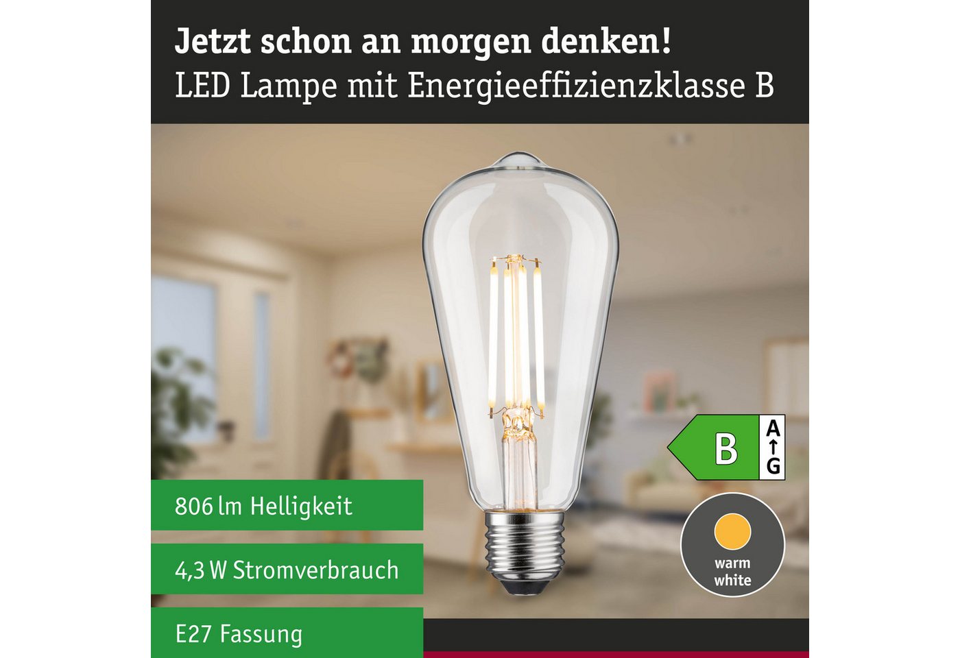Paulmann LED-Filament Efficient-Line Filament 230V LED Kolben ST64 E27 806lm 4,3W 3000K dimm, E27, 1 St.