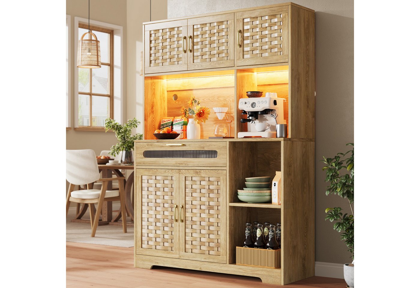 Flieks Küchenbuffet mit LED-Beleuchtung, Rattantüren und Glas-Schubladen Holzmaserung (1-St., B120/T40/H180 cm) Hochschrank Küchenschrank Geschirrschrank mit verstellbare Ablagen