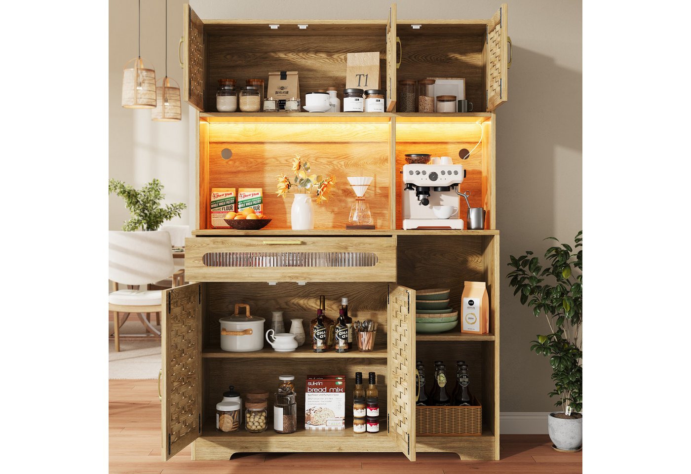 Flieks Küchenbuffet mit LED-Beleuchtung, Rattantüren und Glas-Schubladen Holzmaserung (1-St., B120/T40/H180 cm) Hochschrank Küchenschrank Geschirrschrank mit verstellbare Ablagen Bild 2