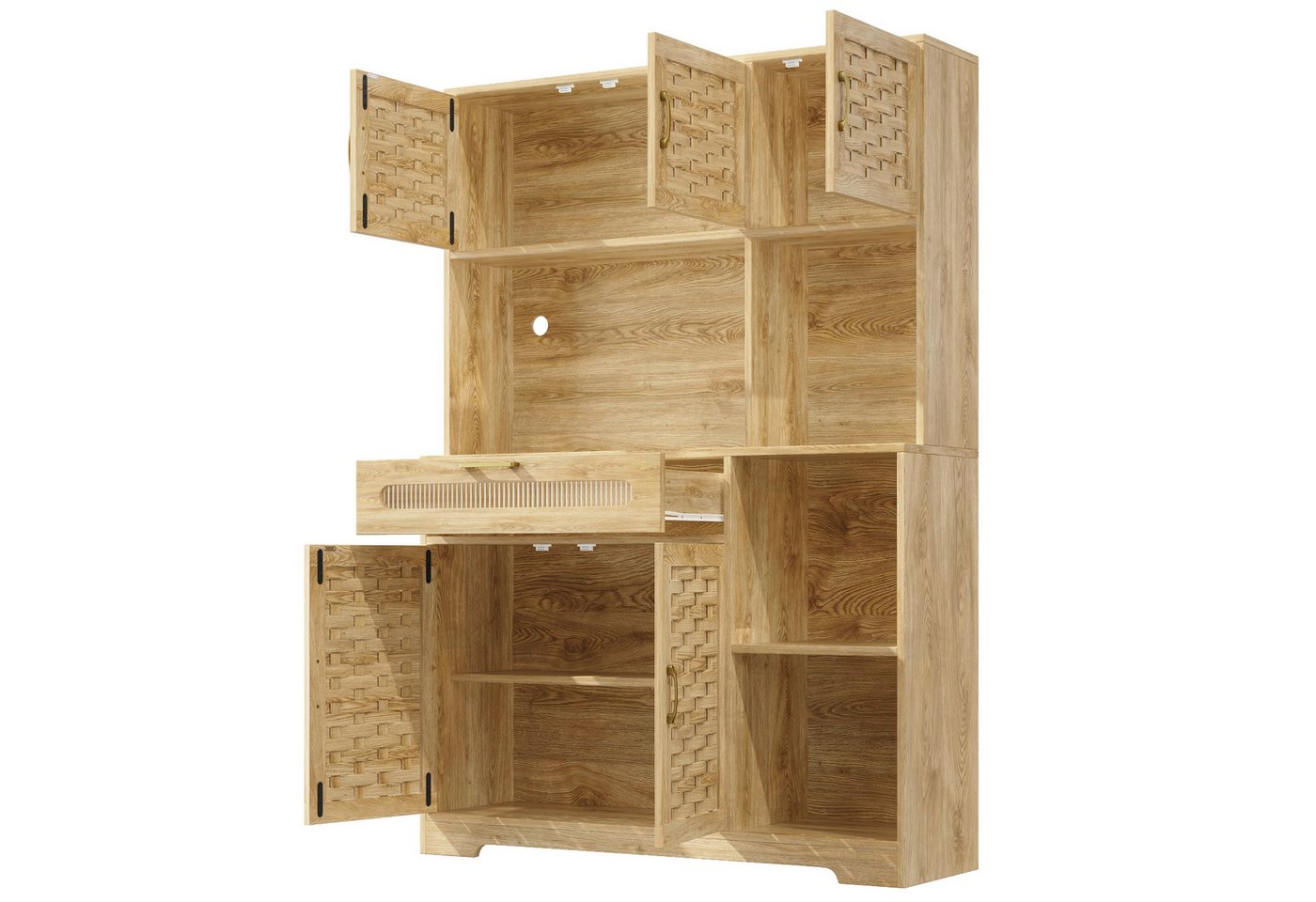 Flieks Küchenbuffet mit LED-Beleuchtung, Rattantüren und Glas-Schubladen Holzmaserung (1-St., B120/T40/H180 cm) Hochschrank Küchenschrank Geschirrschrank mit verstellbare Ablagen Bild 4