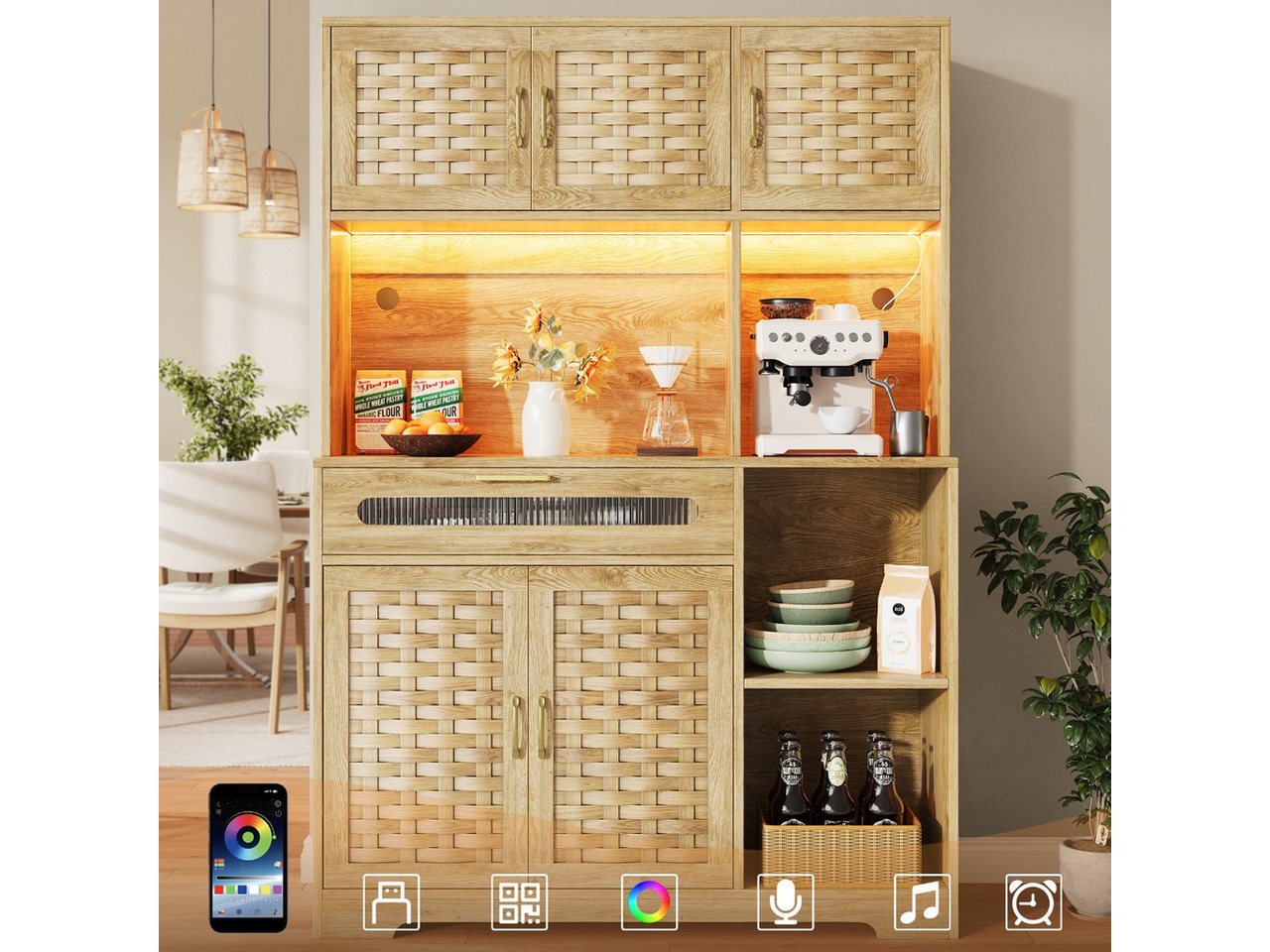 Flieks Küchenbuffet mit LED-Beleuchtung, Rattantüren und Glas-Schubladen Holzmaserung (1-St., B120/T40/H180 cm) Hochschrank Küchenschrank Geschirrschrank mit verstellbare Ablagen Bild 5