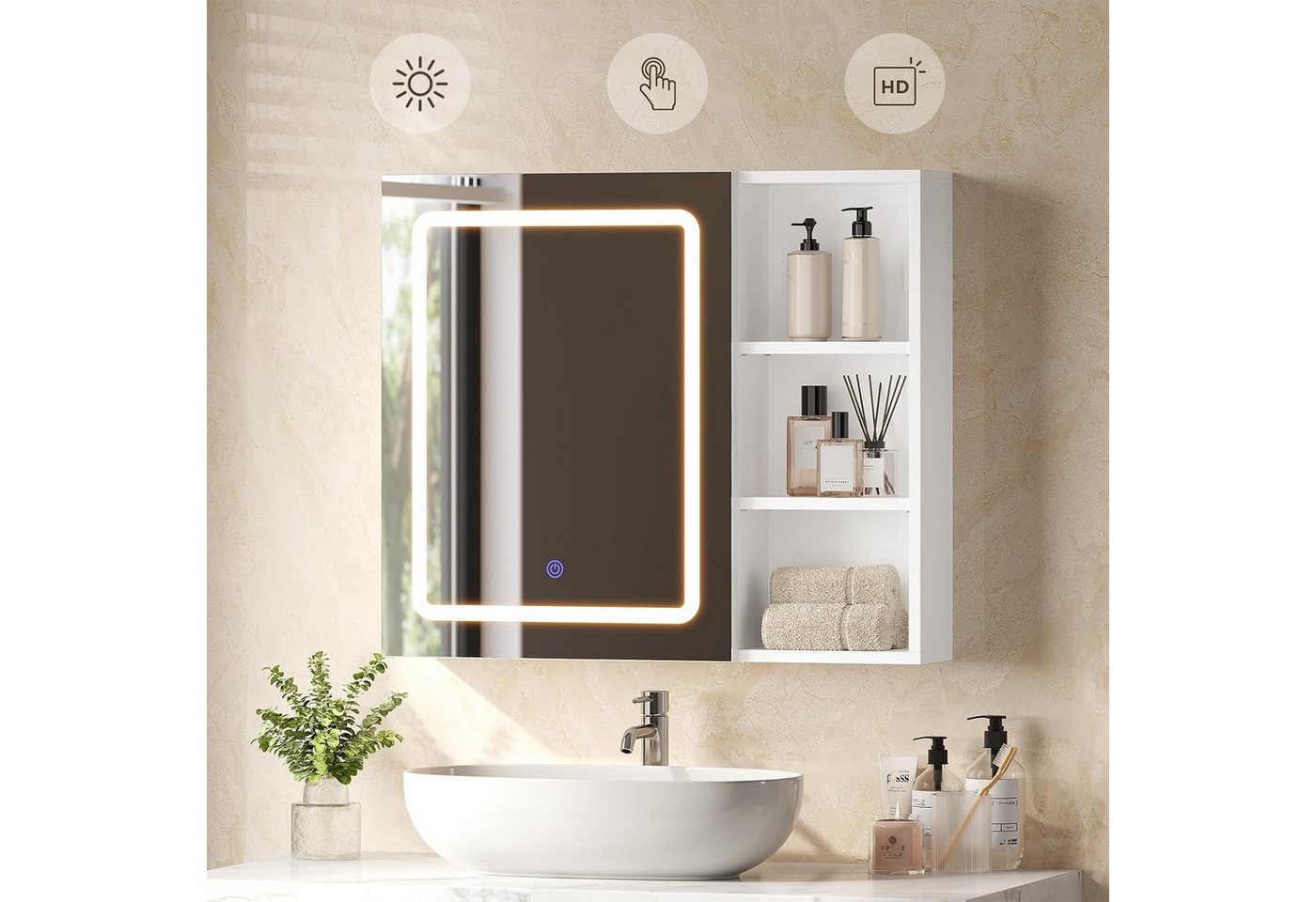MSMASK Badezimmerspiegelschrank mit LED-Beleuchtung, HD-Spiegel, Touch-Schalter, 3 Lichtfarben (1-St) Spiegelschrank mit Steckdose und verstellbaren Regalen, 70x60cm