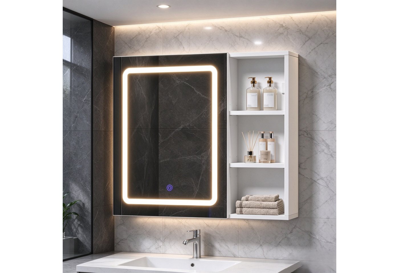 MSMASK Badezimmerspiegelschrank mit LED-Beleuchtung, HD-Spiegel, Touch-Schalter, 3 Lichtfarben (1-St) Spiegelschrank mit Steckdose und verstellbaren Regalen, 70x60cm Bild 2