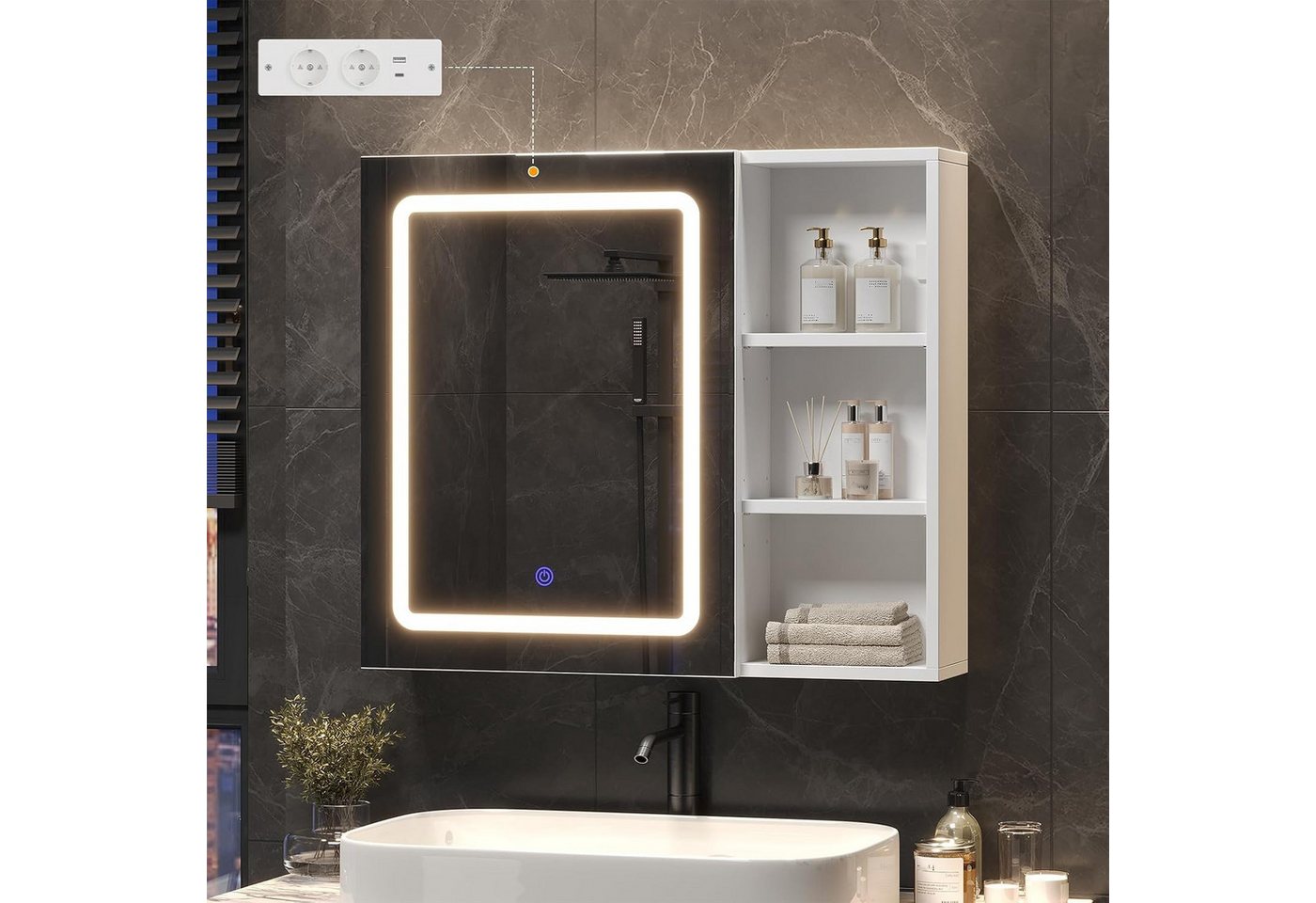 MSMASK Badezimmerspiegelschrank mit LED-Beleuchtung, HD-Spiegel, Touch-Schalter, 3 Lichtfarben (1-St) Spiegelschrank mit Steckdose und verstellbaren Regalen, 70x60cm Bild 3
