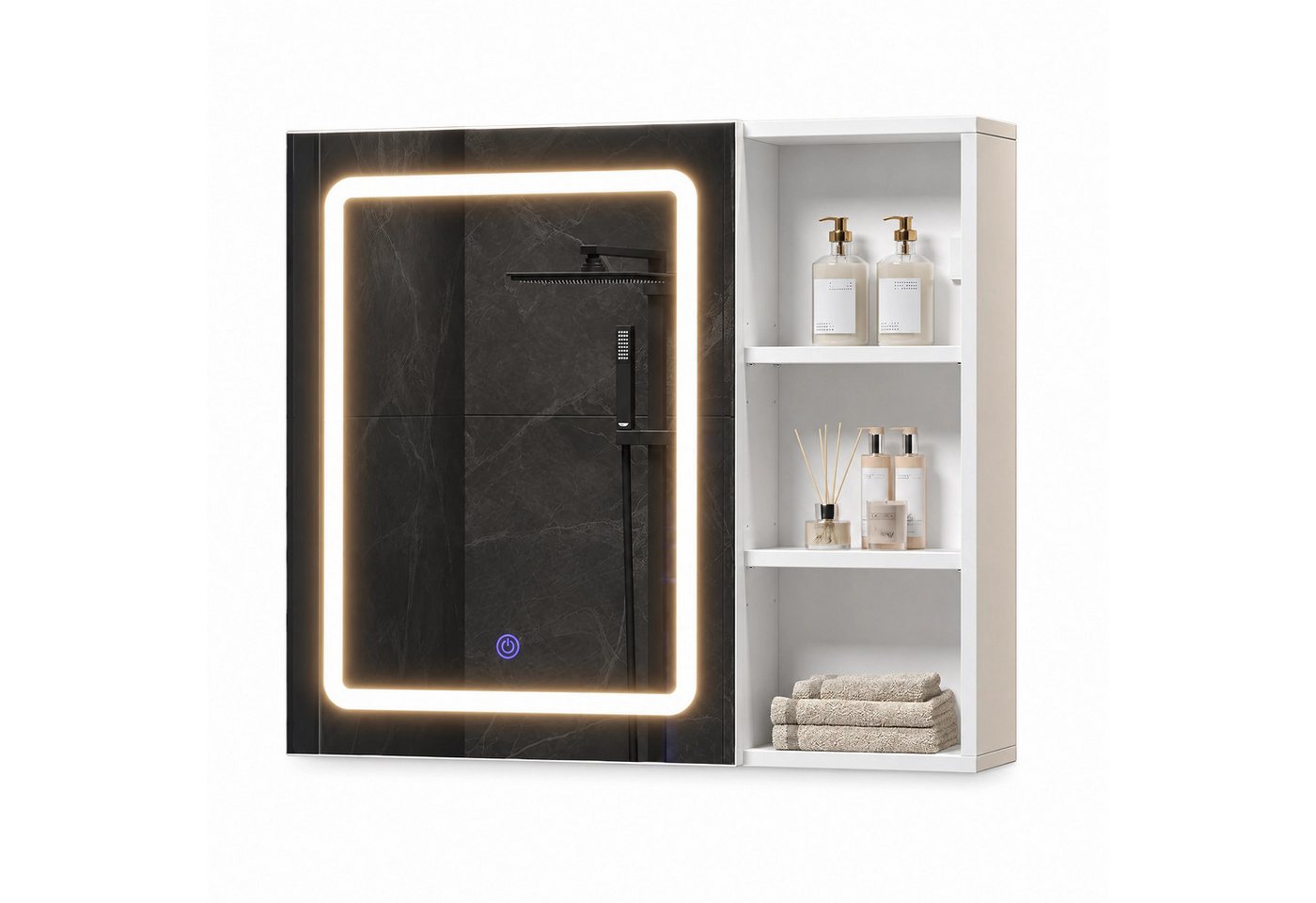 MSMASK Badezimmerspiegelschrank mit LED-Beleuchtung, HD-Spiegel, Touch-Schalter, 3 Lichtfarben (1-St) Spiegelschrank mit Steckdose und verstellbaren Regalen, 70x60cm Bild 4