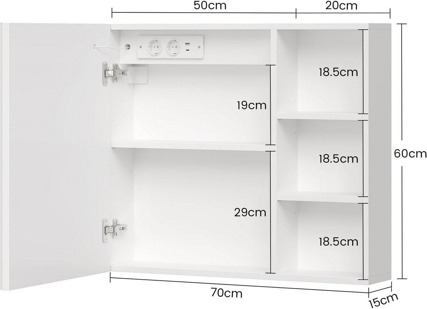 MSMASK Badezimmerspiegelschrank mit LED-Beleuchtung, HD-Spiegel, Touch-Schalter, 3 Lichtfarben (1-St) Spiegelschrank mit Steckdose und verstellbaren Regalen, 70x60cm Bild 5