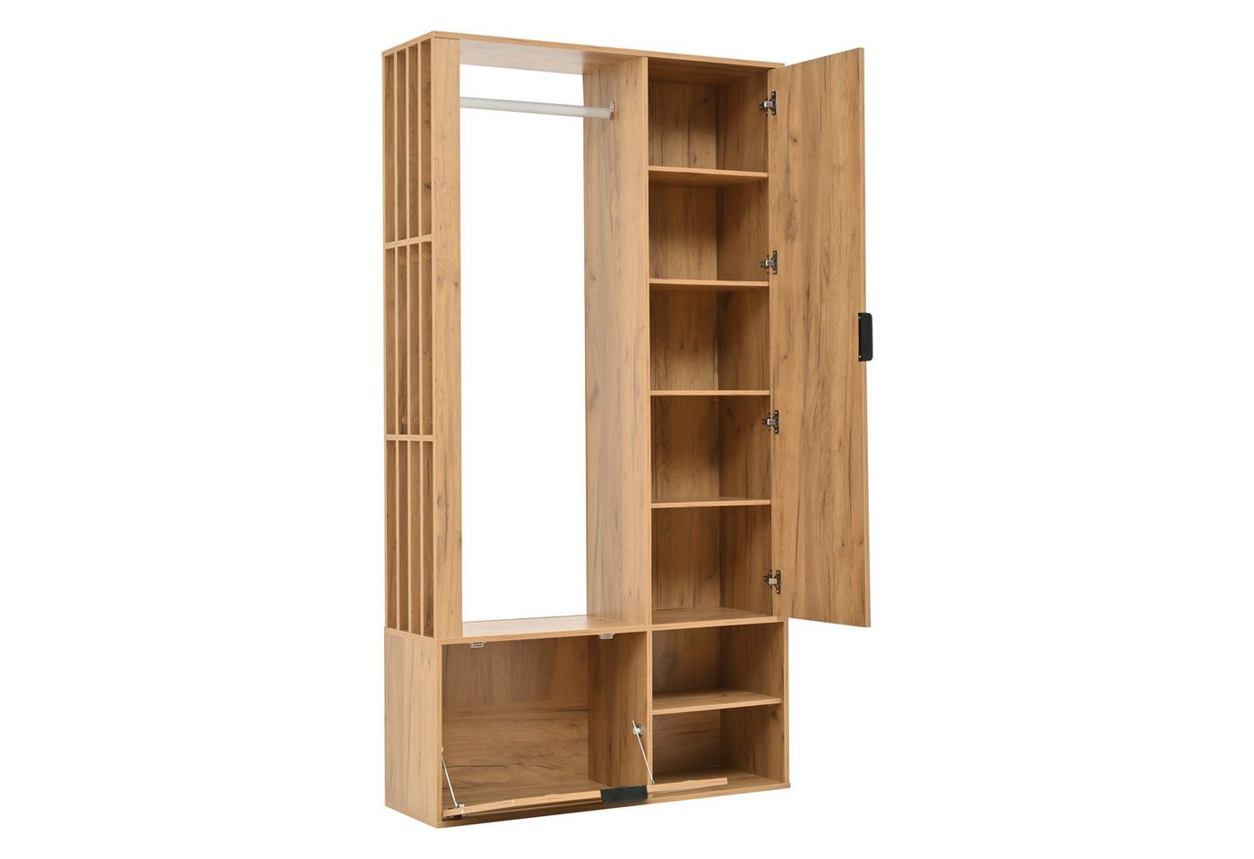 KLAM HOME Garderobenschrank 100*33*190cm garderobenschränke mit flur, 6-in-1-Eingangsschrank (zum Aufhängen von Mänteln, Flurschrank mit Wäscheständer, Holzfarbe) Garderobenschrank und Spiegel, Breite 100 cm, Schrank mit unterer Tür