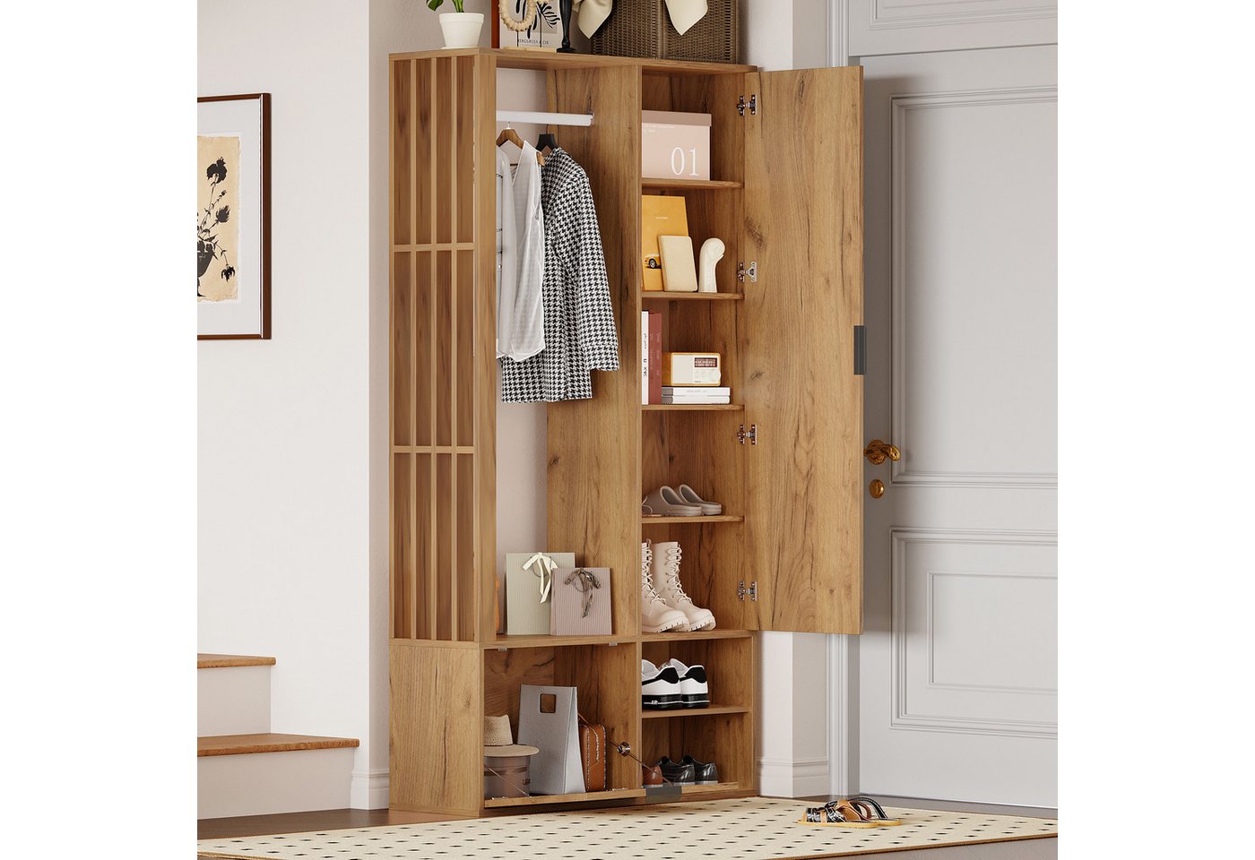 KLAM HOME Garderobenschrank 100*33*190cm garderobenschränke mit flur, 6-in-1-Eingangsschrank (zum Aufhängen von Mänteln, Flurschrank mit Wäscheständer, Holzfarbe) Garderobenschrank und Spiegel, Breite 100 cm, Schrank mit unterer Tür Bild 2