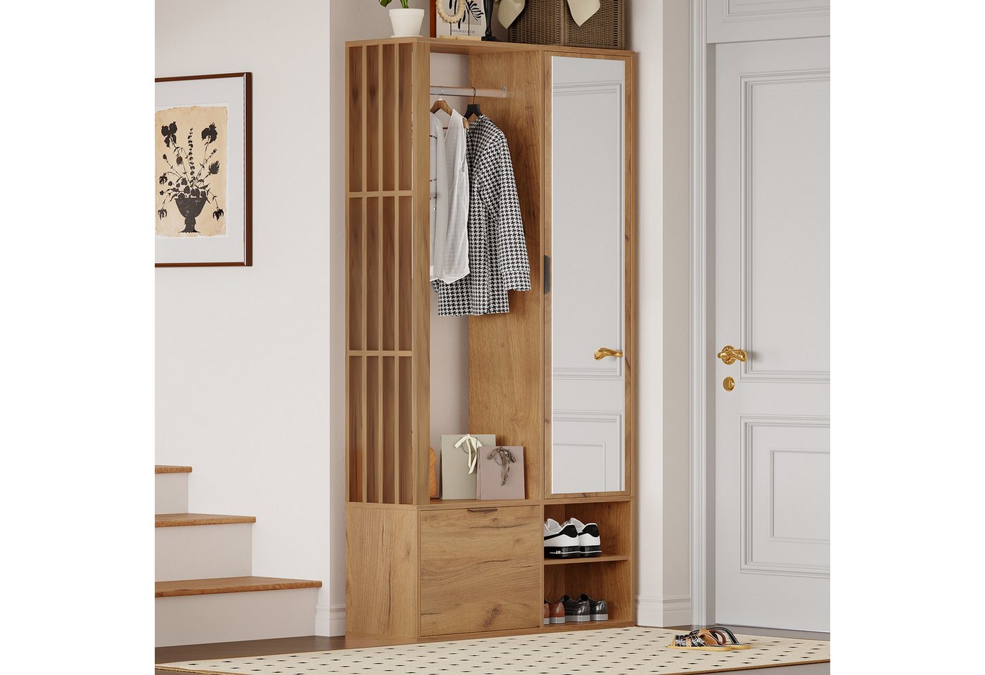KLAM HOME Garderobenschrank 100*33*190cm garderobenschränke mit flur, 6-in-1-Eingangsschrank (zum Aufhängen von Mänteln, Flurschrank mit Wäscheständer, Holzfarbe) Garderobenschrank und Spiegel, Breite 100 cm, Schrank mit unterer Tür Bild 3