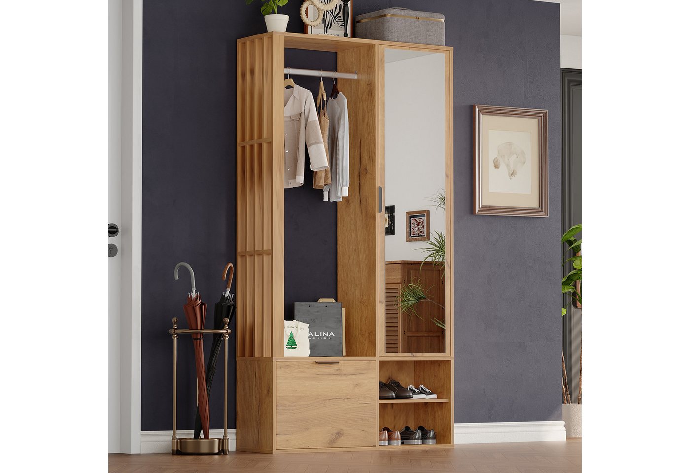 KLAM HOME Garderobenschrank 100*33*190cm garderobenschränke mit flur, 6-in-1-Eingangsschrank (zum Aufhängen von Mänteln, Flurschrank mit Wäscheständer, Holzfarbe) Garderobenschrank und Spiegel, Breite 100 cm, Schrank mit unterer Tür Bild 4