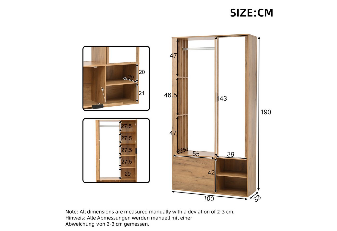 KLAM HOME Garderobenschrank 100*33*190cm garderobenschränke mit flur, 6-in-1-Eingangsschrank (zum Aufhängen von Mänteln, Flurschrank mit Wäscheständer, Holzfarbe) Garderobenschrank und Spiegel, Breite 100 cm, Schrank mit unterer Tür Bild 5