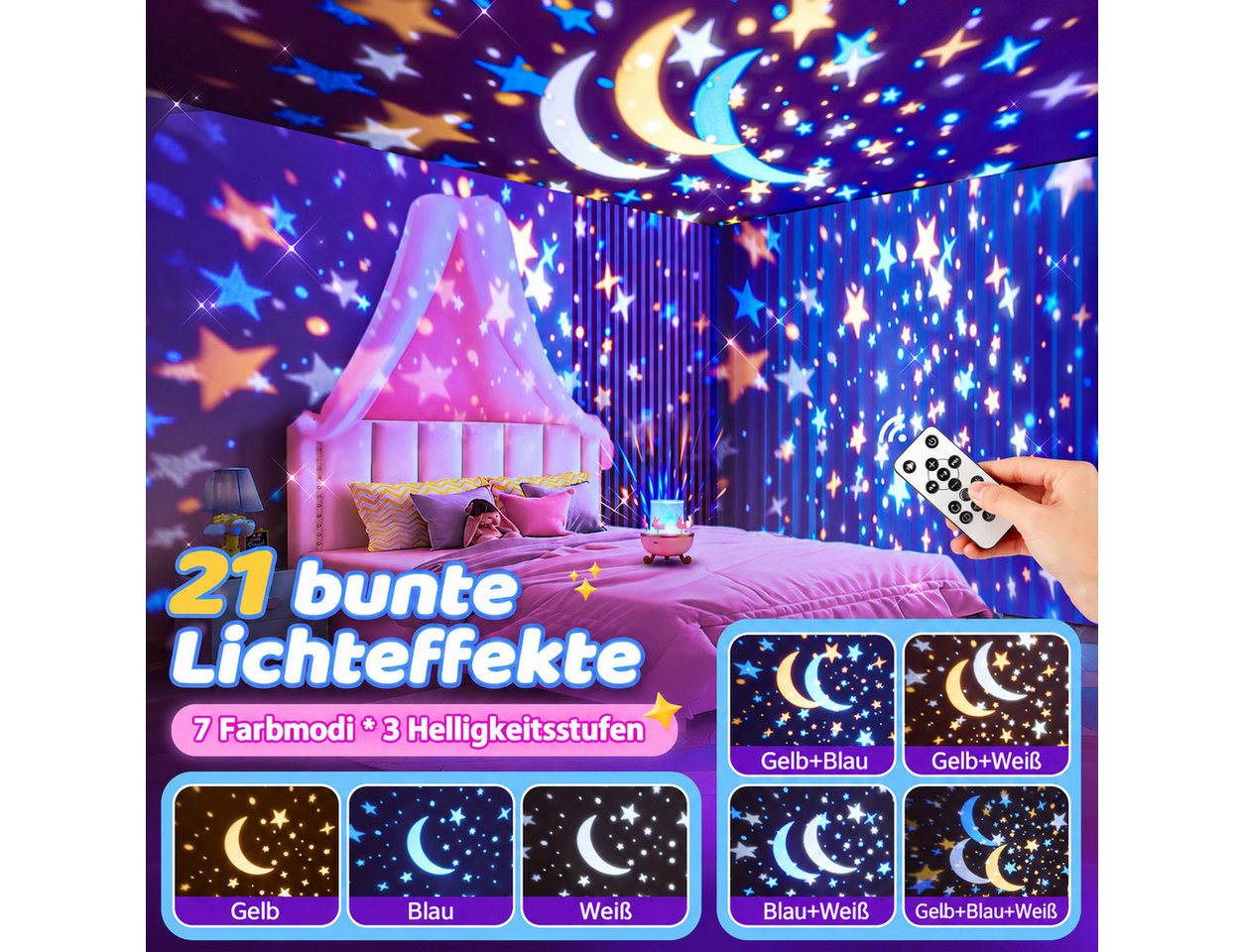 Vivitar LED-Sternenhimmel Kinder Nachtlicht 15 Filmen, 8 Lichtmodi, 15 Klängen 360° Rotation, wiederaufladbarer Akku, 15-, 30- und 60-Minuten-Timer, Fernbedienung, Speicherfunktion, Galaxieprojektor, weißes Rauschen, Spieluhr, 3 Helligkeitsstufen, Projektionslampe mit Musik ein Geschenk für Mädchen, Jungen