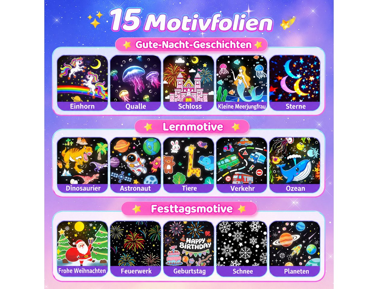Vivitar LED-Sternenhimmel Kinder Nachtlicht 15 Filmen, 8 Lichtmodi, 15 Klängen 360° Rotation, wiederaufladbarer Akku, 15-, 30- und 60-Minuten-Timer, Fernbedienung, Speicherfunktion, Galaxieprojektor, weißes Rauschen, Spieluhr, 3 Helligkeitsstufen, Projektionslampe mit Musik ein Geschenk für Mädchen, Jungen Bild 3