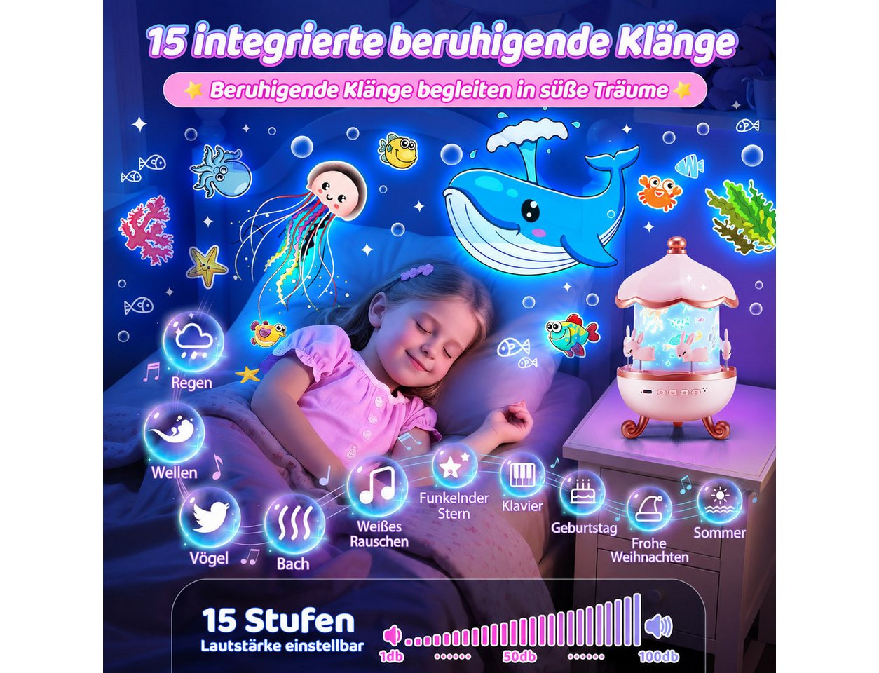 Vivitar LED-Sternenhimmel Kinder Nachtlicht 15 Filmen, 8 Lichtmodi, 15 Klängen 360° Rotation, wiederaufladbarer Akku, 15-, 30- und 60-Minuten-Timer, Fernbedienung, Speicherfunktion, Galaxieprojektor, weißes Rauschen, Spieluhr, 3 Helligkeitsstufen, Projektionslampe mit Musik ein Geschenk für Mädchen, Jungen Bild 5