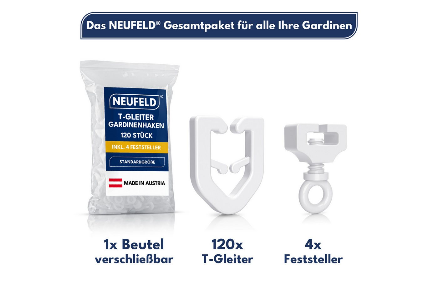 NEUFELD T-Gleiter 120 Stück inkl. 4 Feststeller – Gardinengleiter für T-Schienen, T-Gardinenschienen, Camper, Wohnwagen, Wohnmobile, (Set, 120 T-Gleiter inkl. 4 Feststeller), waschfest · leichtgängig · geräuscharm · robust Bild 3