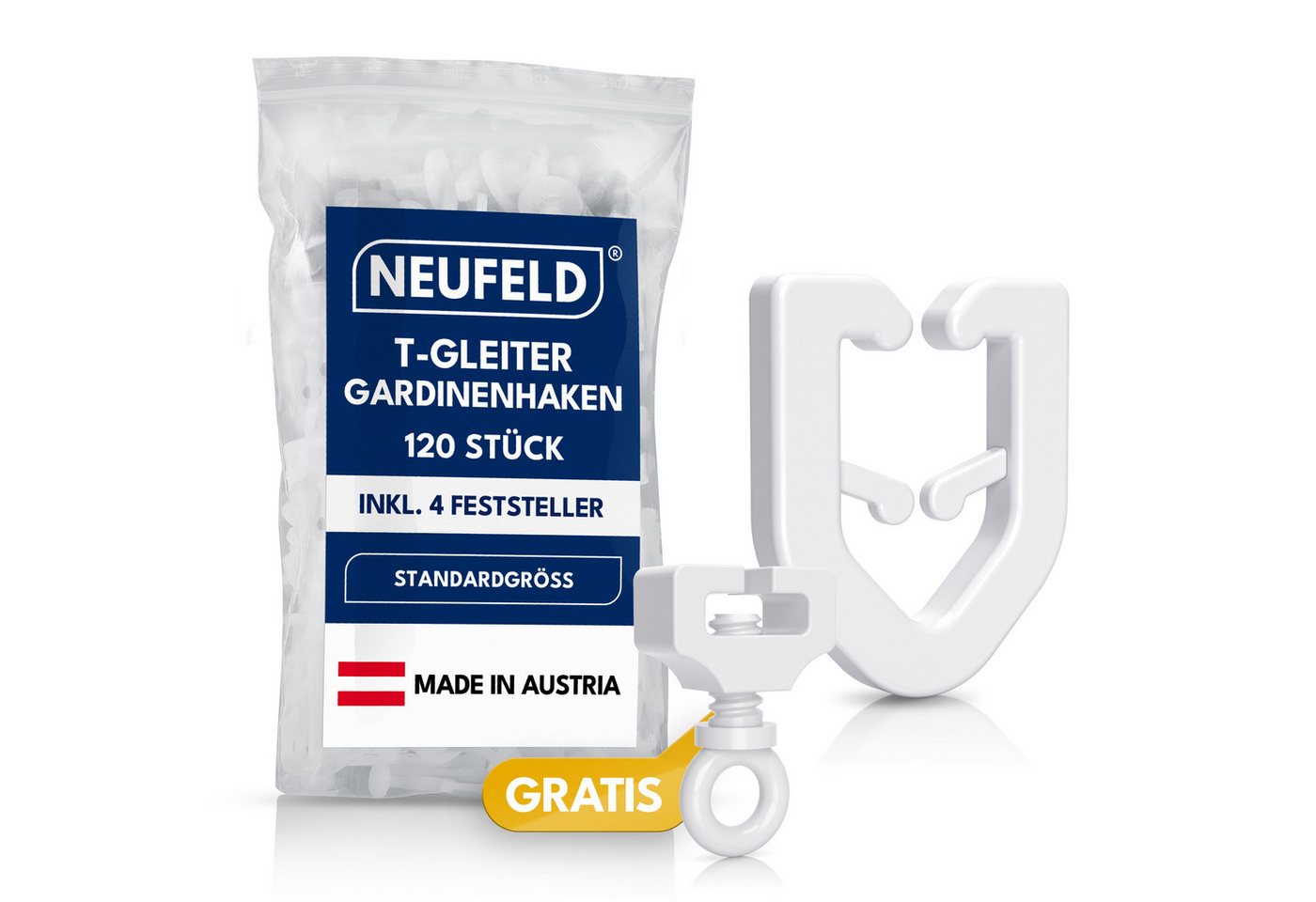 NEUFELD T-Gleiter 120 Stück inkl. 4 Feststeller – Gardinengleiter für T-Schienen, T-Gardinenschienen, Camper, Wohnwagen, Wohnmobile, (Set, 120 T-Gleiter inkl. 4 Feststeller), waschfest · leichtgängig · geräuscharm · robust Bild 5