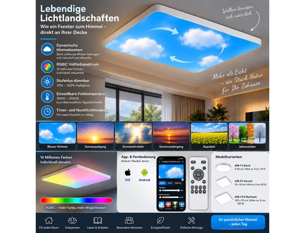 Eurotondisplay LED Deckenleuchte LED Deckenleuchte 698 RGBIC dynamische Himmel- & Naturlichteffekte, LED fest integriert, Warm bis Kaltweiß RGBIC, Lichtfarbe und Helligkeit einstellbar Bild 2