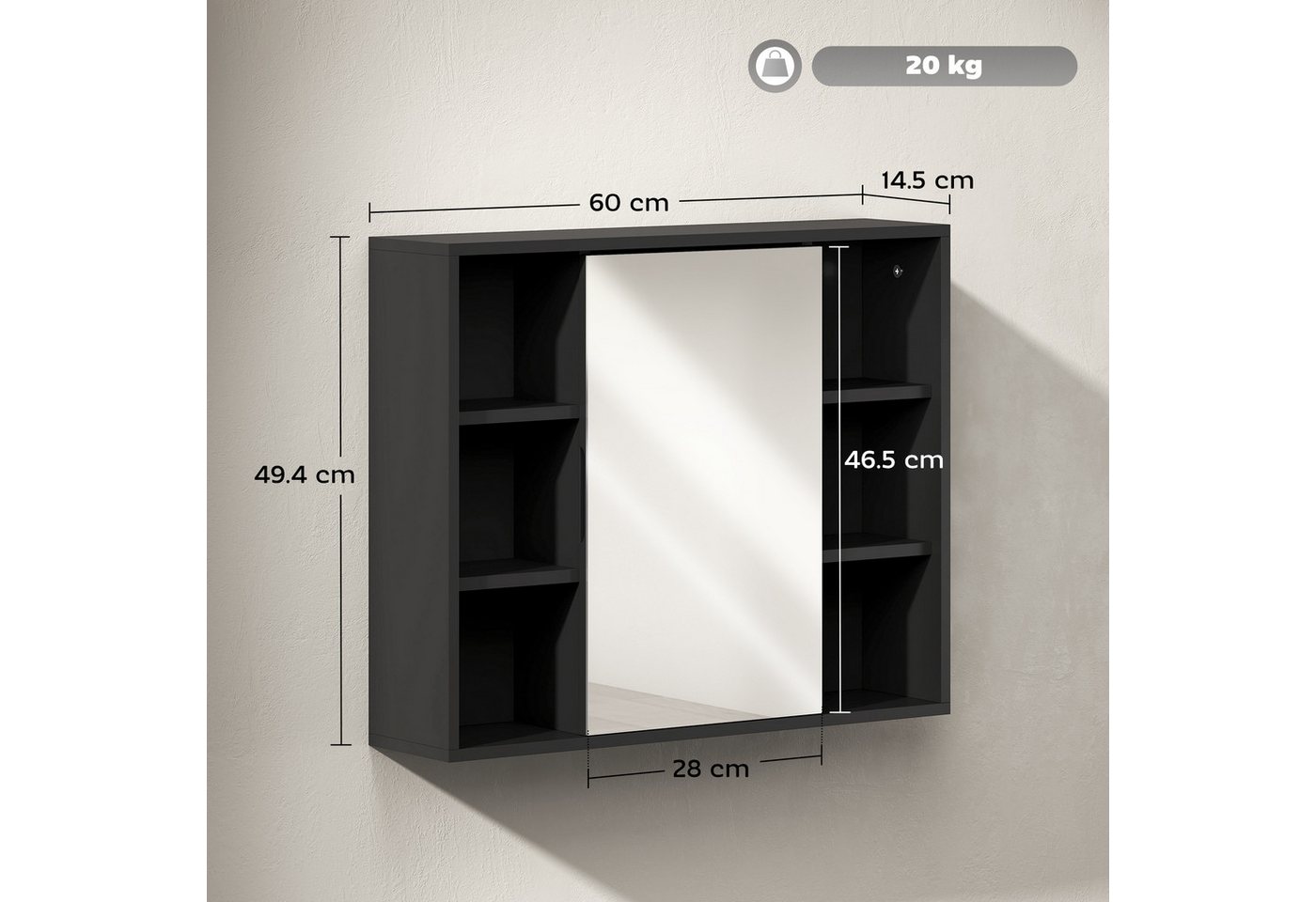 BAYMATE Spiegelschrank Badezimmerschrank mit Spiegel, Schrank (mit Türen und 6 offenen Fächern, 60 x 14,5 x 49,4 cm, schwarz)