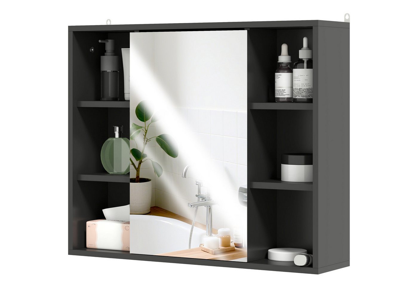 BAYMATE Spiegelschrank Badezimmerschrank mit Spiegel, Schrank (mit Türen und 6 offenen Fächern, 60 x 14,5 x 49,4 cm, schwarz) Bild 3