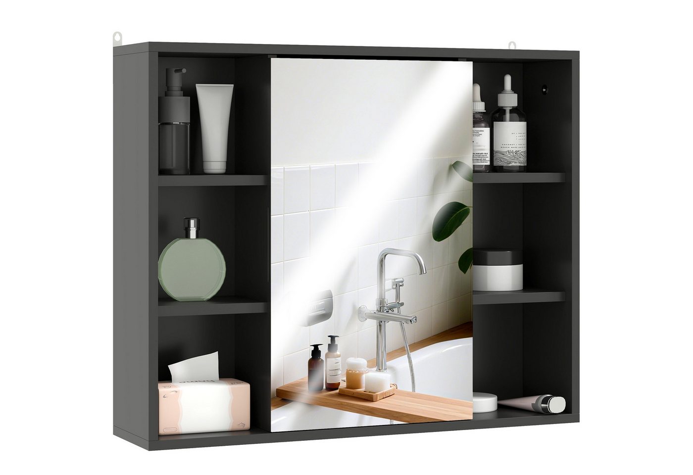 BAYMATE Spiegelschrank Badezimmerschrank mit Spiegel, Schrank (mit Türen und 6 offenen Fächern, 60 x 14,5 x 49,4 cm, schwarz) Bild 5