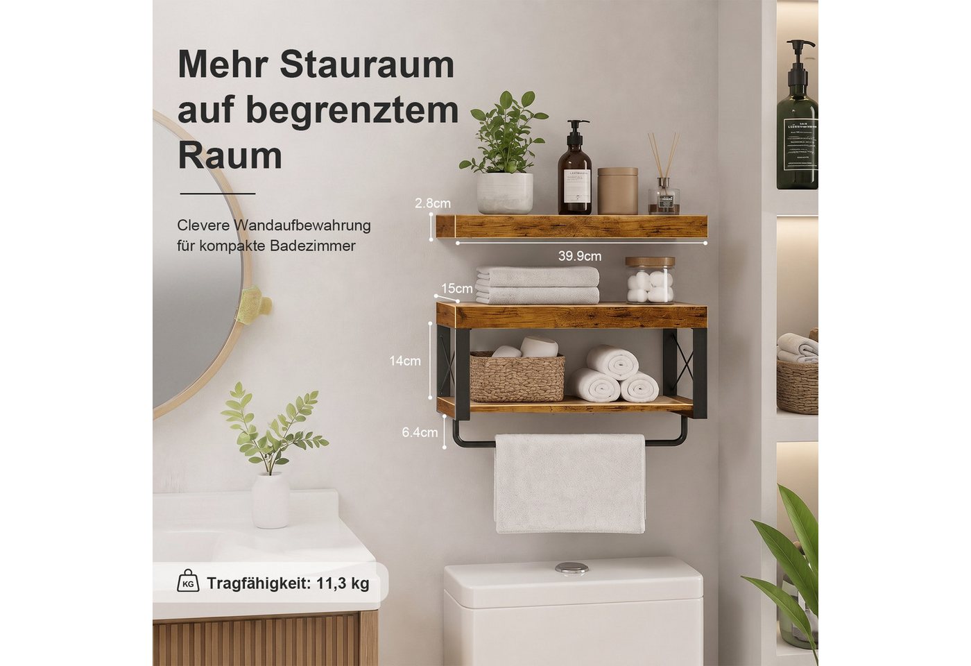 HEYHIPPO Wandregal Wandregal – 39,9×15 cm, 2 Ablagen aus Holz, Metall, für Bad & Küche, Set, Mit Handtuchstange,belastbar bis11,3 kg, X-Verstärkung, Retro-Design
