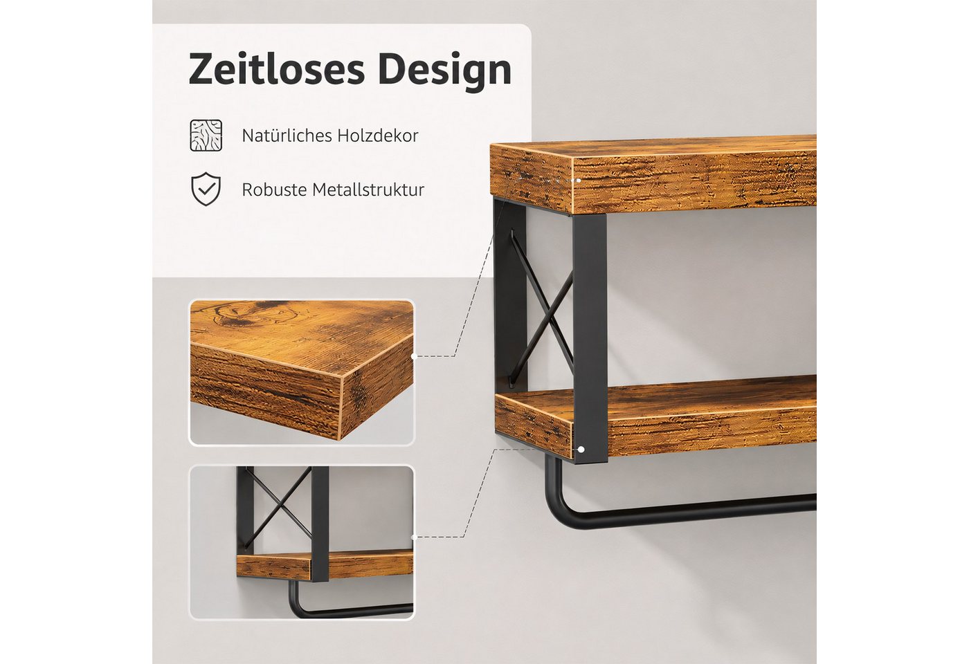 HEYHIPPO Wandregal Wandregal – 39,9×15 cm, 2 Ablagen aus Holz, Metall, für Bad & Küche, Set, Mit Handtuchstange,belastbar bis11,3 kg, X-Verstärkung, Retro-Design Bild 2