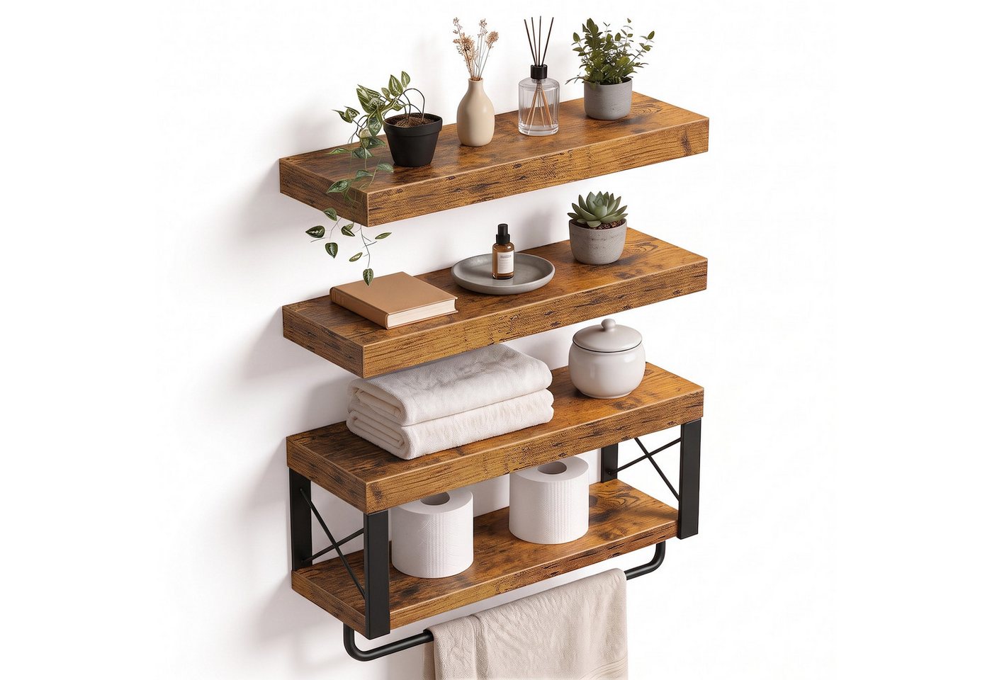 HEYHIPPO Wandregal Wandregal – 39,9×15 cm, 2 Ablagen aus Holz, Metall, für Bad & Küche, Set, Mit Handtuchstange,belastbar bis11,3 kg, X-Verstärkung, Retro-Design Bild 3