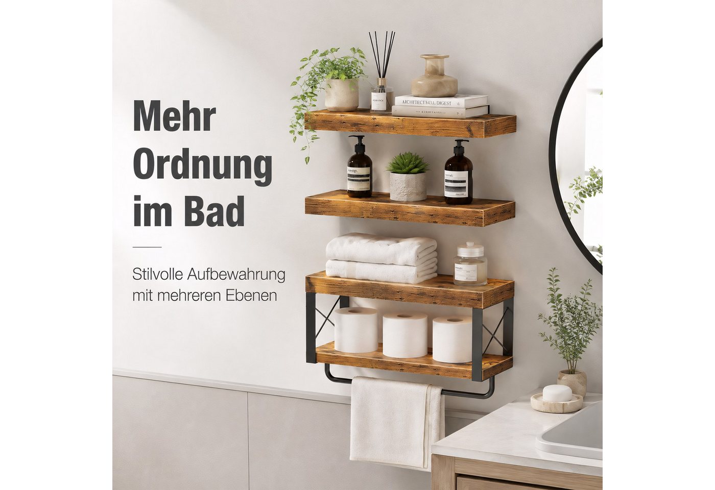 HEYHIPPO Wandregal Wandregal – 39,9×15 cm, 2 Ablagen aus Holz, Metall, für Bad & Küche, Set, Mit Handtuchstange,belastbar bis11,3 kg, X-Verstärkung, Retro-Design Bild 4