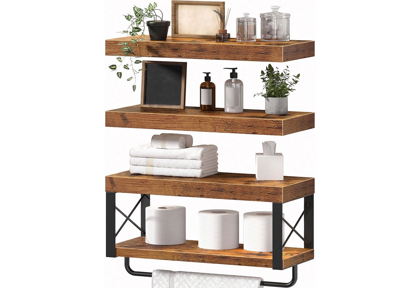 HEYHIPPO Wandregal Wandregal – 39,9×15 cm, 2 Ablagen aus Holz, Metall, für Bad & Küche, Set, Mit Handtuchstange,belastbar bis11,3 kg, X-Verstärkung, Retro-Design Bild 5