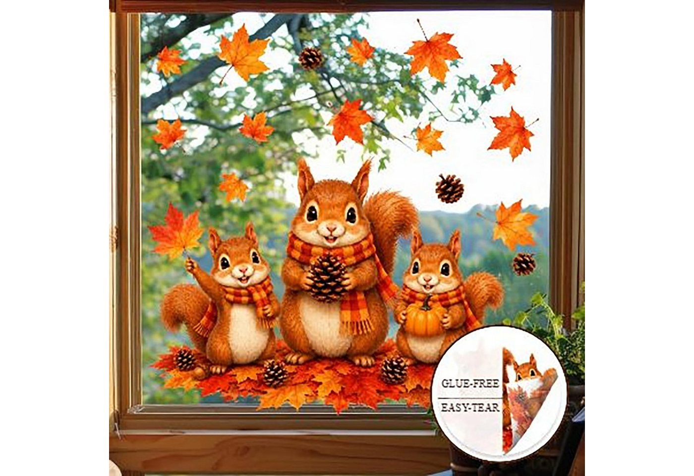 Bomiclss Fensterbild Süßer Herbst-Fensteraufkleber,Motiv:Eichhörnchen mit Schal, 60 x 30 cm, 2er-Pack,Statisch haftend, Ahornblatt-Muster, wiederverwendbar