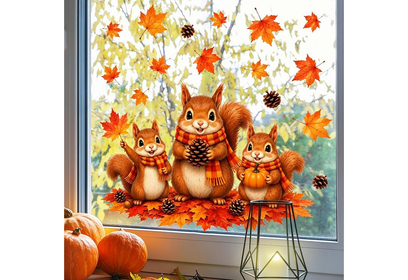Bomiclss Fensterbild Süßer Herbst-Fensteraufkleber,Motiv:Eichhörnchen mit Schal, 60 x 30 cm, 2er-Pack,Statisch haftend, Ahornblatt-Muster, wiederverwendbar Bild 2