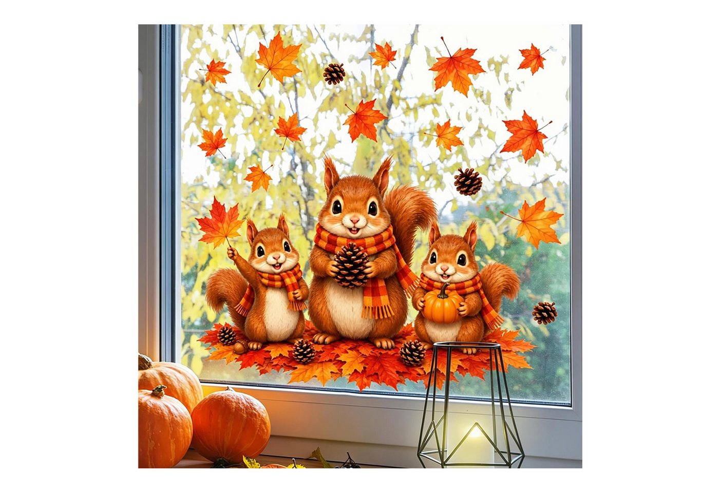 Bomiclss Fensterbild Süßer Herbst-Fensteraufkleber,Motiv:Eichhörnchen mit Schal, 60 x 30 cm, 2er-Pack,Statisch haftend, Ahornblatt-Muster, wiederverwendbar Bild 3