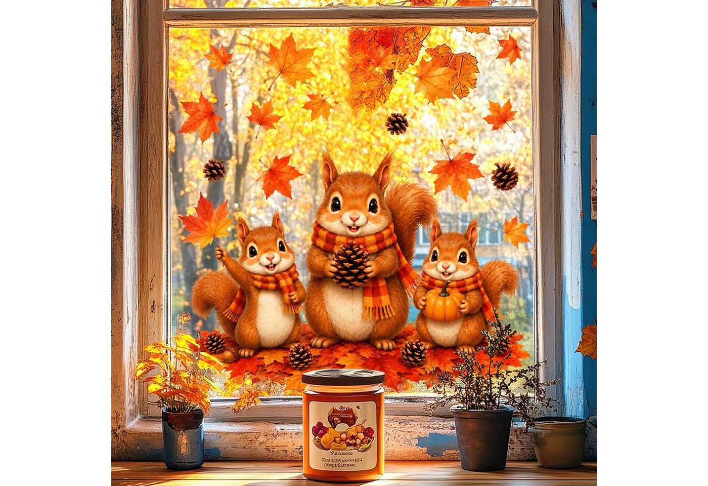 Bomiclss Fensterbild Süßer Herbst-Fensteraufkleber,Motiv:Eichhörnchen mit Schal, 60 x 30 cm, 2er-Pack,Statisch haftend, Ahornblatt-Muster, wiederverwendbar Bild 4