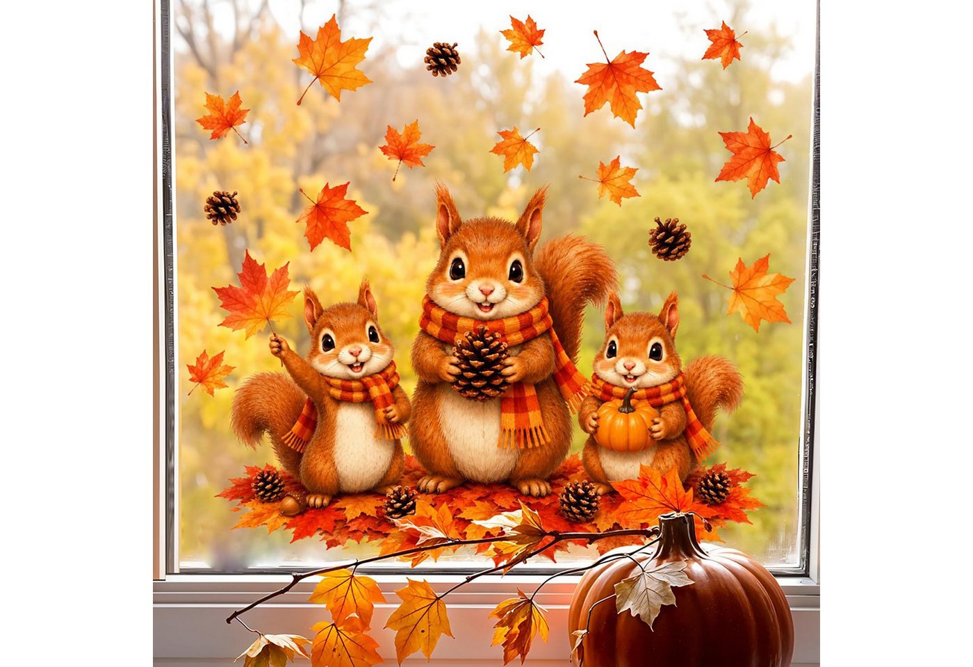 Bomiclss Fensterbild Süßer Herbst-Fensteraufkleber,Motiv:Eichhörnchen mit Schal, 60 x 30 cm, 2er-Pack,Statisch haftend, Ahornblatt-Muster, wiederverwendbar Bild 5