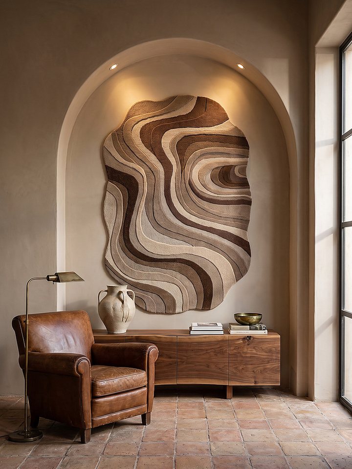 KADIMA DESIGN Wollteppich EFFRA Naturteppich Wellen-Swirl modern reine Wolle Naturfaser weich, Oval, Höhe: 12 mm, Natur, 140x200 Oval cm, anschmiegsam, robust, retro, Büro, Diele